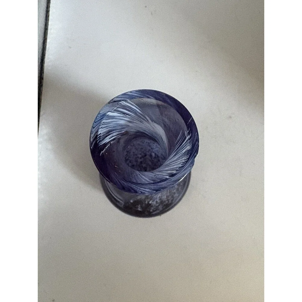 Purple/Blue Swirl Cathiness Style Art Glass  Small Bud Vase 4.5” Tall